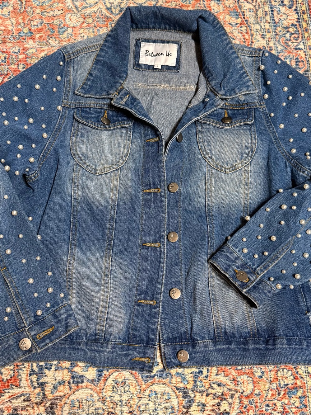 Between Us Blue Pearl-Embellished Denim Jacket